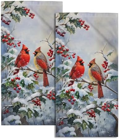 Winter Red Bird Hand Towels Pack of 2 Sweet Couple Cardinal Fingertip Towels by Granbey