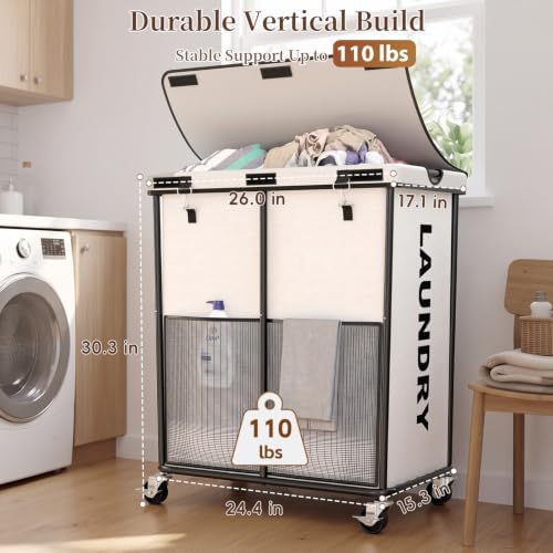 Laundry Hamper with Wheels and Lid, 225L Large Rolling Laundry Basket White - Image 5
