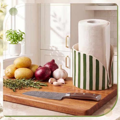 Hushee Green Striped Ceramic Paper Towel Holder, Kitchen Countertop Stand - Image 2