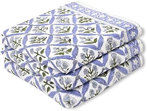 Ridhi Light Steel Blue Hand Block Print Cotton Kitchen Towels, 16x28 Inch by Ridhi
