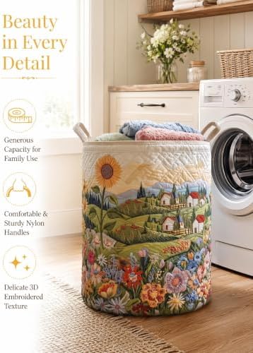 Quilted Laundry Basket with Handles, Boho Floral Quilted Storage Hamper - Image 3