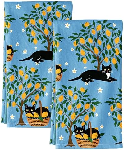 Miss Adola Flour Sack Kitchen Towels Set of 2, Lemon Grove Cat by MissAdola
