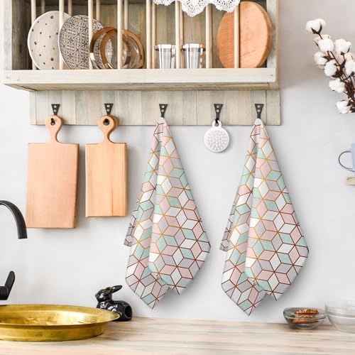 Pink Green Geometric Kitchen Towels Decorative Set of 2 Tea Towels - Image 3