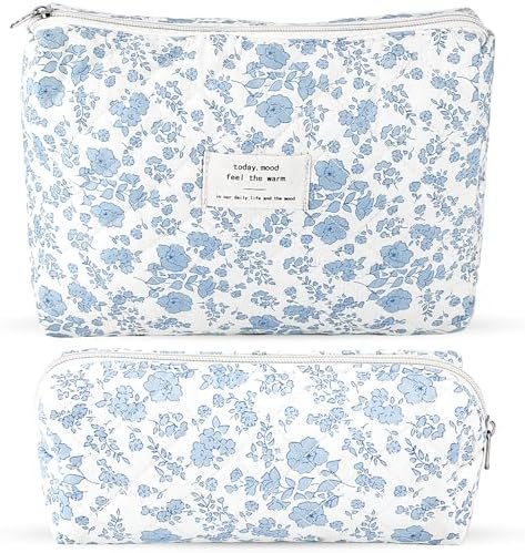 2Pcs Quilted Cotton Makeup Bag Travel Makeup Brush Bag Large Small Pouch Set by Lestp