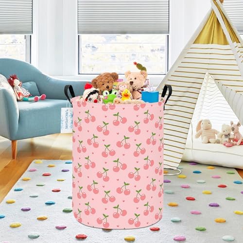 Round Laundry Basket Collapsible Storage Hamper Organizer Pink Cherry - Image 6