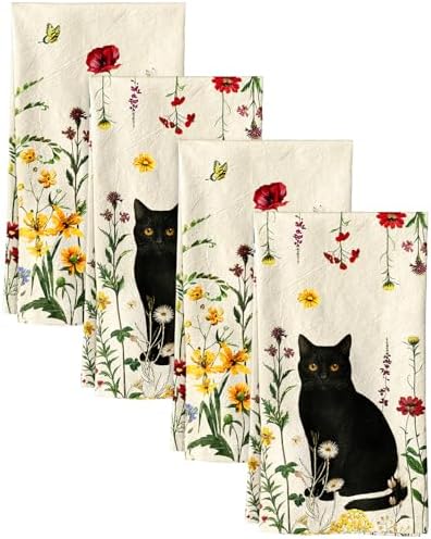 Miss Adola 150GSM Flour Sack Kitchen Towels Set of 4, Cat in Flower by MissAdola