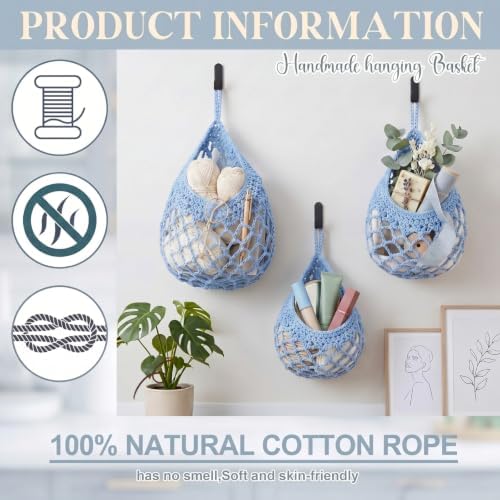 Honeydak 3 Hanging Baskets, Light Blue, Cotton Rope - Image 3