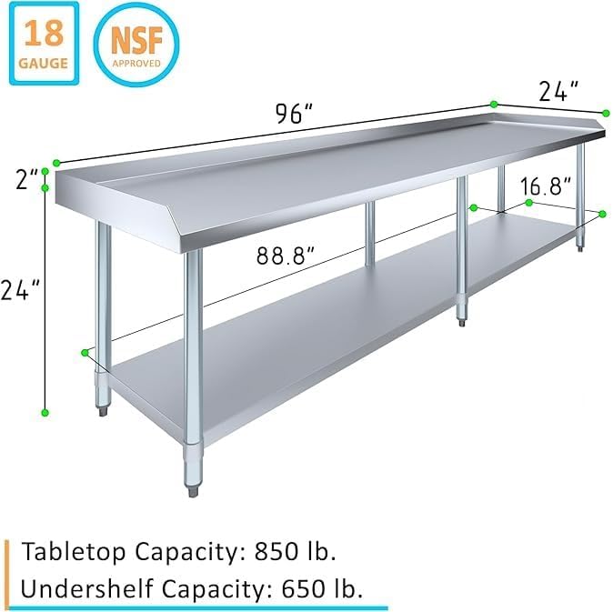 Stainless Steel Equipment Stand with Undershelf + Casters, Heavy Duty, Commercial Grade, NSF Certified (24" Width x 96" Length)