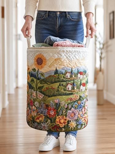 Quilted Laundry Basket with Handles, Boho Floral Quilted Storage Hamper - Image 7