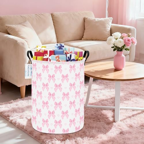 Round Laundry Basket Collapsible Storage Hamper Pink Bowknot - Image 6