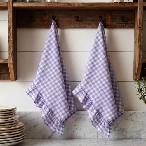 HunnmingRe 2 Pcs Purple Gingham Kitchen Towels Cotton Ruffled - Image 5