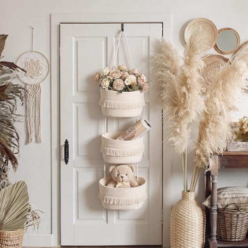 Boho Nursery Basket 3-tier Tassel Hanging Basket Organizer Cotton Rope Woven - Image 5