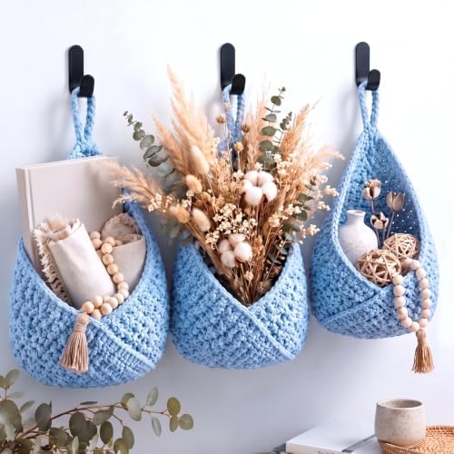 Honeydak 3 Hanging Baskets, Light Blue, Cotton Rope - Image 2