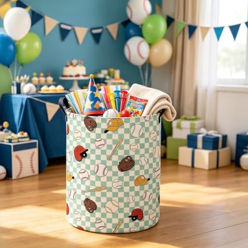 Round Laundry Basket Collapsible Storage Hamper Green Grid Baseball - Image 6