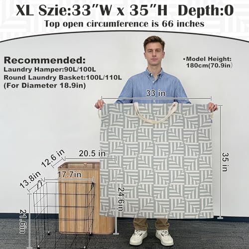 Canvas Laundry Bag with Handles & Drawstring, XL 33"Wx 35"H, Geometry Gray - Image 3