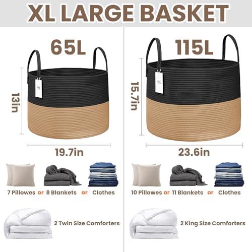 JMvicyroam 65L Extra Large Machine Washable Cotton Rope Blanket Basket - Image 3