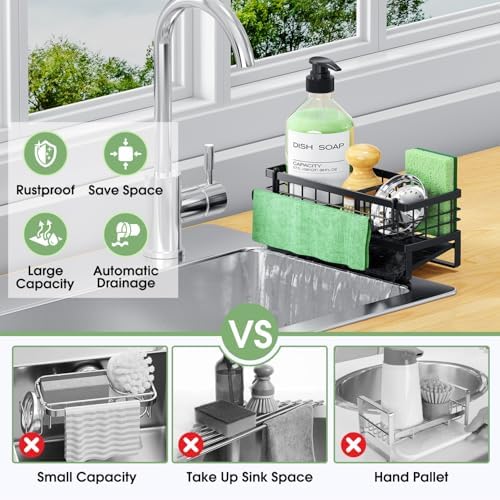 Self-Draining Kitchen Sink Caddy, Rustproof Non-Slip Metal Sponge Holder - Image 3
