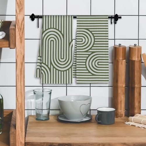 Sage Green Boho Abstract Kitchen Towels, Contemporary Minimalist Dish Tea Towels - Image 2