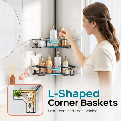 HAMITOR Shower Caddy Tension Pole: 4-Tier Adjustable Corner Organizer Black - Image 3