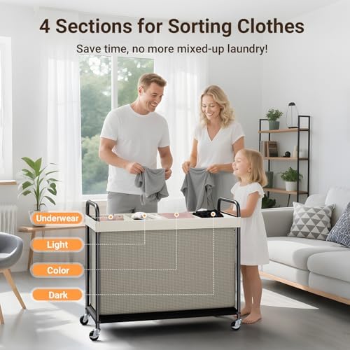 ELYKEN Laundry Hamper 4 Section, 140L Rolling Laundry Sorter - Image 6