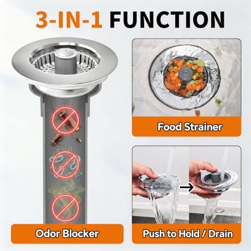 Kitchen Sink Stopper, 3 in 1 Pop Up Kitchen Sink Drain Strainer, - Image 4