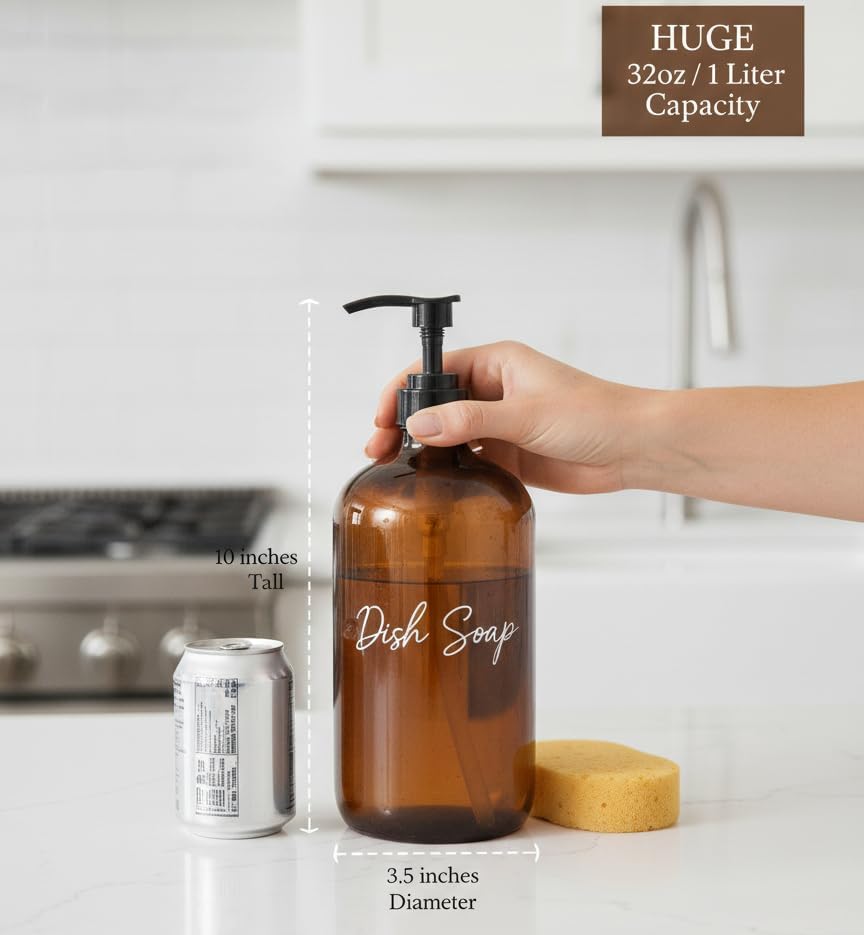 32 Ounce Glass Pump Dispenser Bottle, Large Amber Container - Image 4