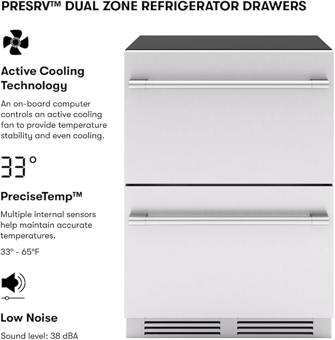 Zephyr Presrv 24 Inch Dual Zone Refrigerator Drawers Wine & Beverage Fridge, Stainless Steel Wine Cooler Home Bar Under Counter Freestanding Built In, Energy Star Certified, 5.1 Cu. Ft