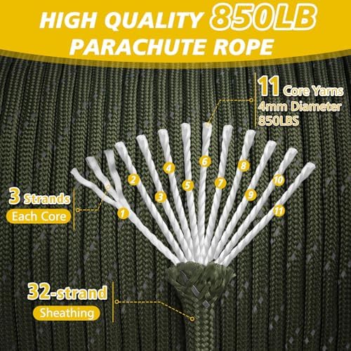 Reflective Parachute Rope 850Ib, 50/100/200/500/1000ft 4MM 11 Strand Paracord - Image 2
