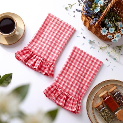 HunnmingRe 2 Pcs Watermelon Pink Gingham Kitchen Towels Cotton Ruffled - Image 3