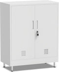 Metal Storage Cabinet with Locking Doors and 2 Adjustable Shelves, Lockable Storage Cabinet for Home Office Garage Pantry Living Room (White)
