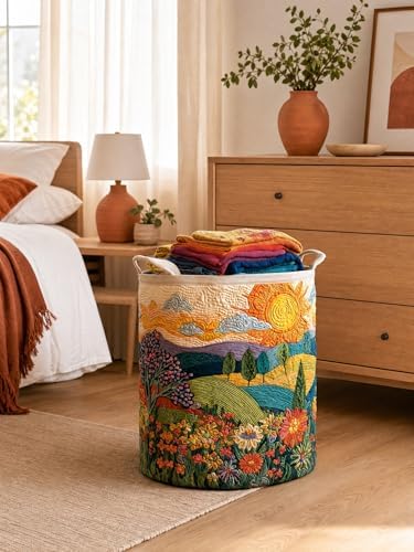 Quilted Laundry Basket with Handles, Boho Floral Quilted Storage Hamper - Image 6
