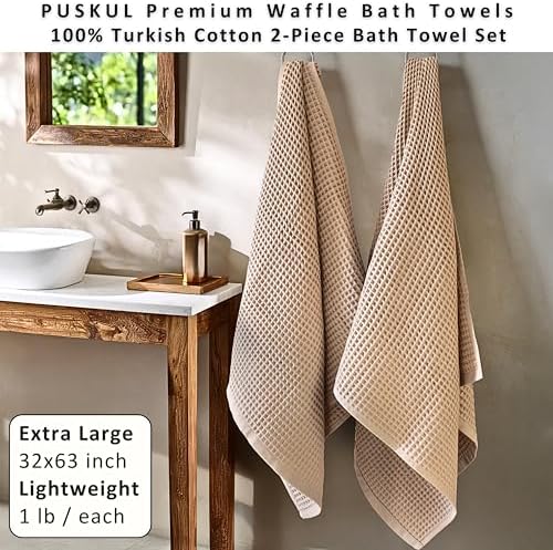 PÜSKÜL Natural 100% Turkish Cotton Waffle Bath Towels Set of 2, Extra-Large - Image 4