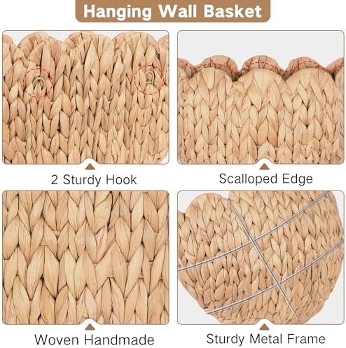 iEGrow Wicker Wall Basket, Scalloped Wall Basket Natural Water Hyacinth - Image 5