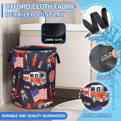Fire Truck Fireman Laundry Basket Foldable Oxford Cloth 18.9 x 16.5 Inch - Image 2