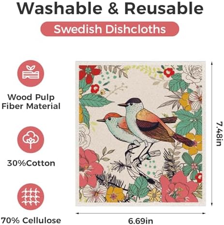 wlich 10 Pack Swedish Dishcloths, Reusable Kitchen Towels, Birds Flowers - Image 2