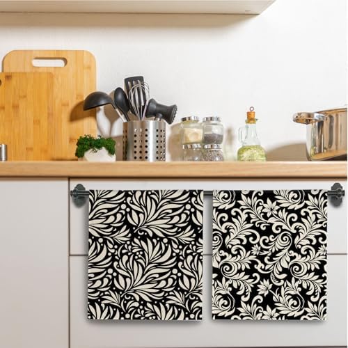 Abstract Black and White Kitchen Towels, Art Deco Nouveau Floral Dish Tea Towels - Image 3