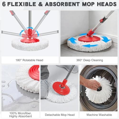 Spin Mop and Bucket Set with 6 Microfiber Heads, Dark Grey - Image 6