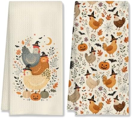 Halloween Farmhouse Chicken Kitchen Towels 16x24 Inch Set of 2 by HUGANE
