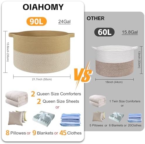 OIAHOMY 90L XXXLarge Blanket Basket Living Room Laundry Basket Jute&White - Image 2