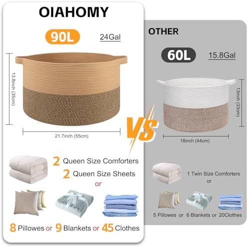 OIAHOMY 90L XXXLarge Blanket Basket Living Room Laundry Basket Jute&Black - Image 2