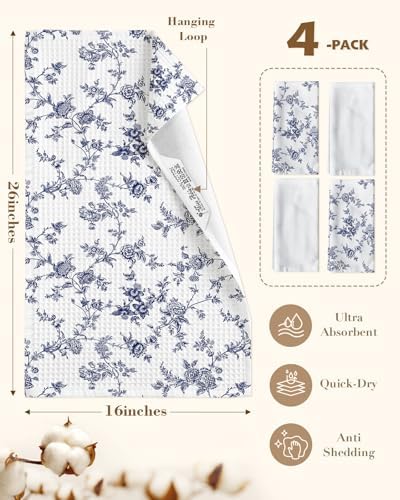 Miss Adola 4pcs Cotton Waffle Kitchen Towels, Toile Print - Image 4