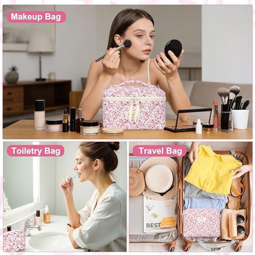 BuyCard Quilted Makeup Bag Set, CuteFloral Cotton Coquette Makeup Bag Toiletry - Image 5