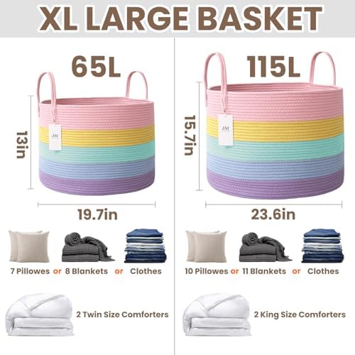 JMvicyroam 65L Extra Large Machine Washable Cotton Rope Blanket Basket - Image 3