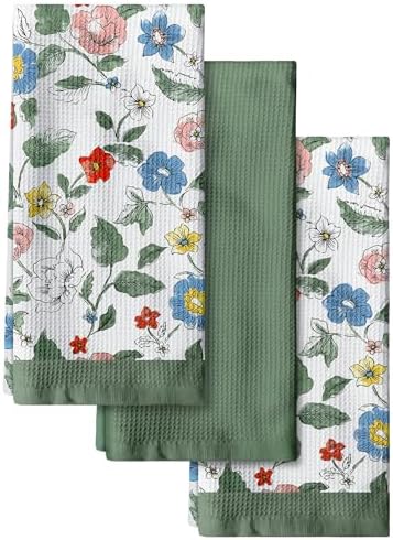 Miss Adola 3pcs Cotton Waffle Kitchen Towels, Vibrant Botanical by MissAdola