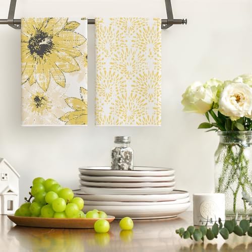 Artoid Mode Yellow Floral Leaves Boho Kitchen Towels Dish Towels, 18x26 Inch - Image 2