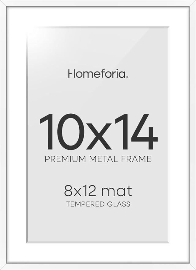 Homeforia 10x14 Picture Frame White, High End Metal 10x14 Poster Frames with Mat for 8x12, 10 x 14 White Frame Matted to 8 x 12 inch Photo, 10by14 Thin Hanging Frames, Tempered Glass, Wall Kit, Set of 1
