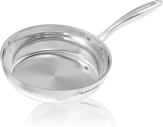 Sunhouse 10 Inch Tri-Ply Stainless Steel Frying Pan, Whole-Clad No Coatings Skillet with Stay-cool Handle for Cooking, Durable & Oven Safe to 500°F, Dishwasher Safe, Compatible with All Cooktops
