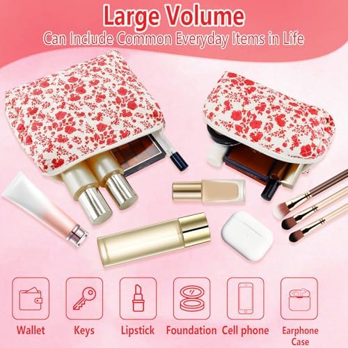 2Pcs Quilted Makeup Bag Set Flower Cute Pencil Case Large Small Travel Makeup - Image 6