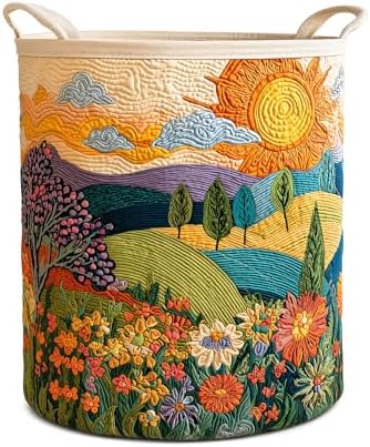 Quilted Laundry Basket with Handles, Boho Floral Quilted Storage Hamper by Unknown