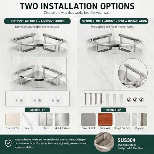 Corner Shower Caddy, 304 Stainless Steel Bathroom Shelf Organizer, Wall Mounted - Image 6